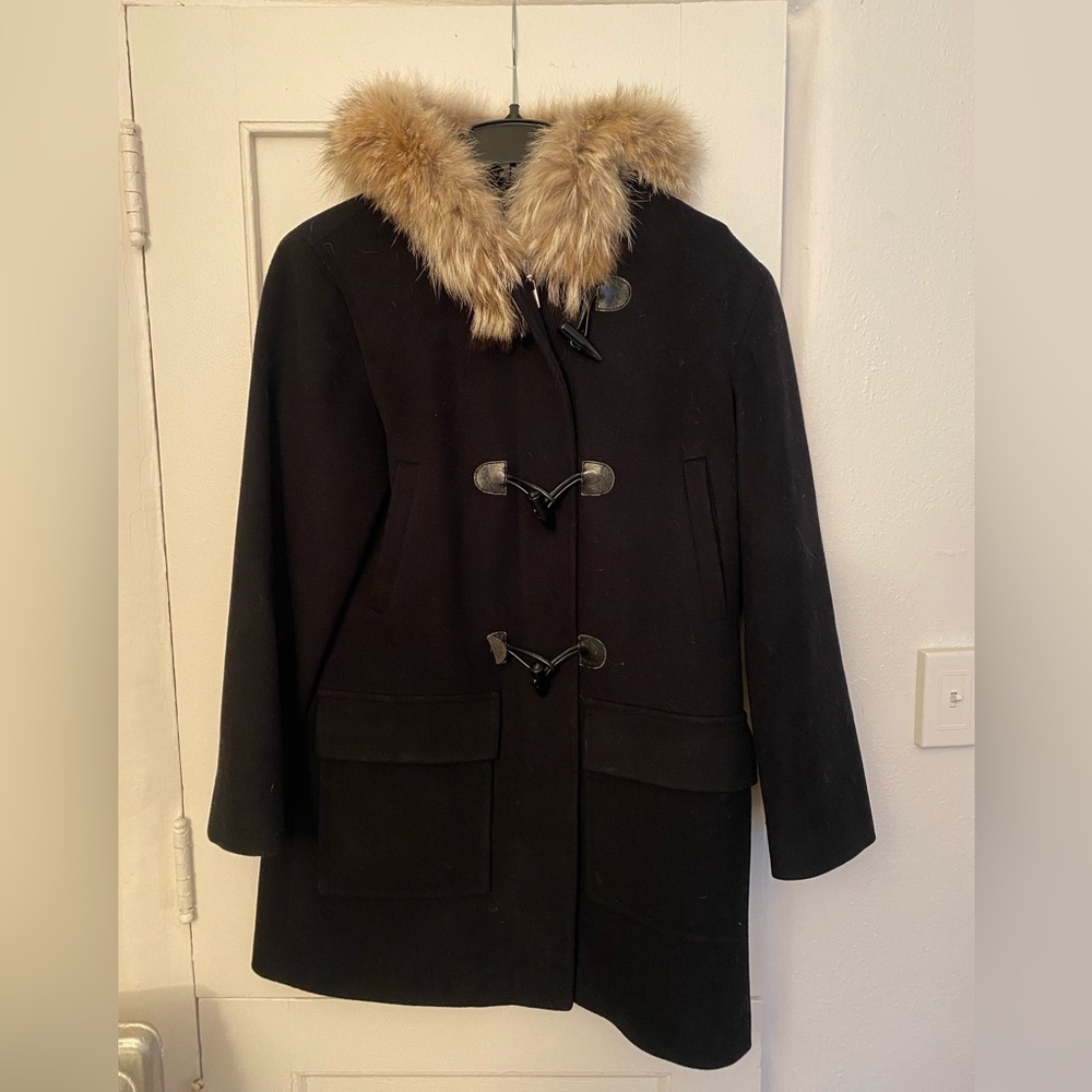 Michael by Michael Kors Black Wool Coat with Coyote Trim Hood Size 10